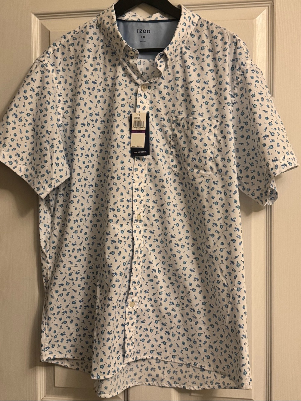 Izod Men’s White Short-Sleeve Button-Down Shirt with Blue Print